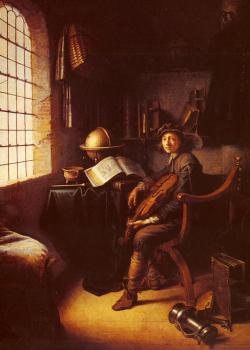Gerrit Dou : An Interior With A Young Violinist detail